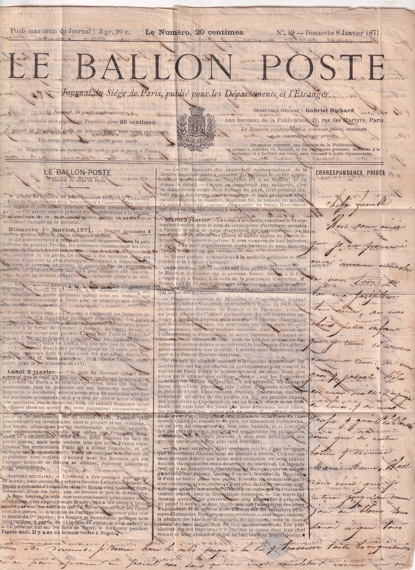 1 BALLON MONTE PLI CONFIE LE VAUCANSON MENTION MANUSCRIT AU BON SOIN DE MR LEVEILLE JOURNAL LE BALLON POSTE N°19 POUR ST SERVAN ILLE ET VILAINE