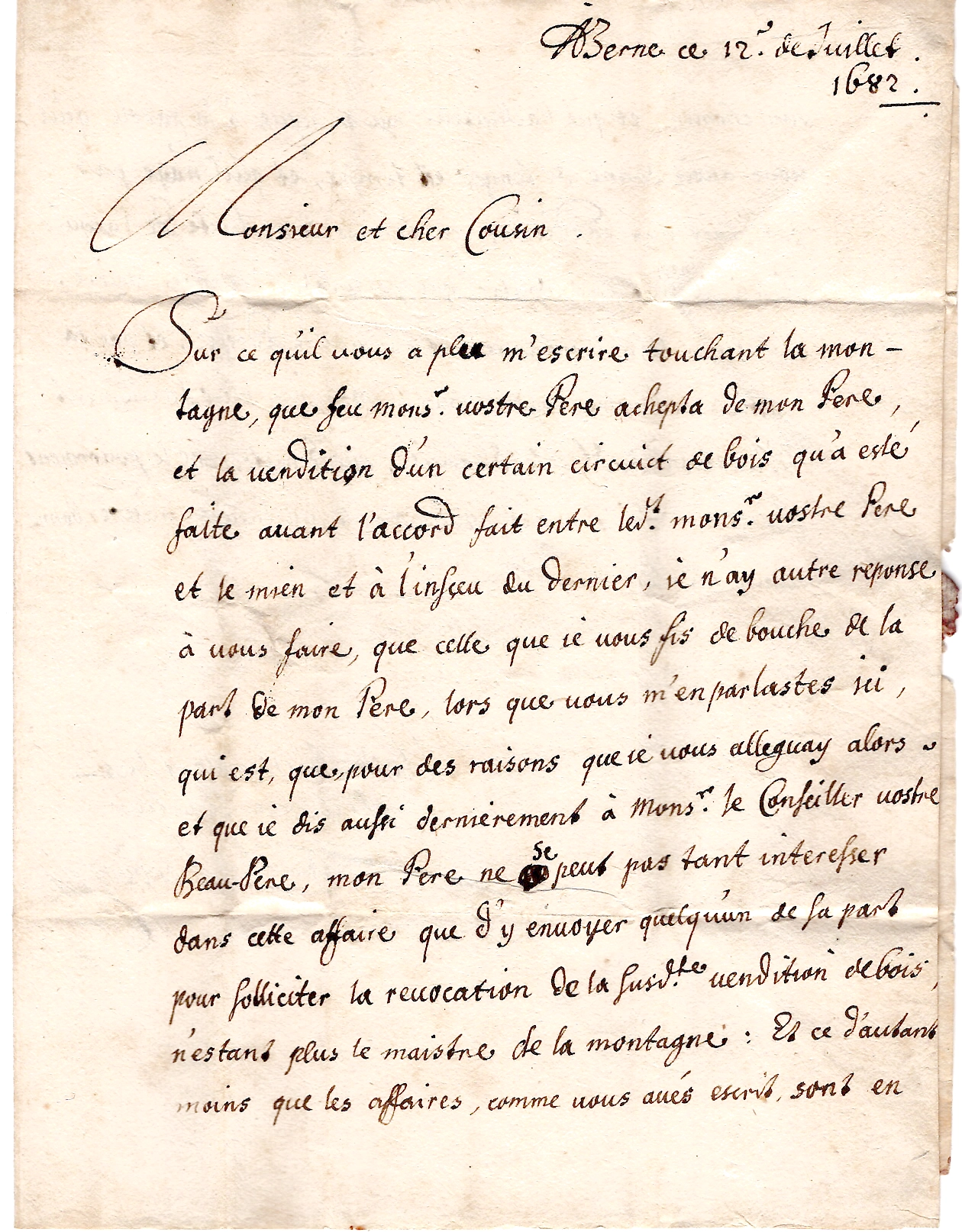 2 EURE LETTRE ECRITE BERNAY 12 JUILLET 1682 + FRANCHE MANUSCRITE POUR MORAT COTE 600€