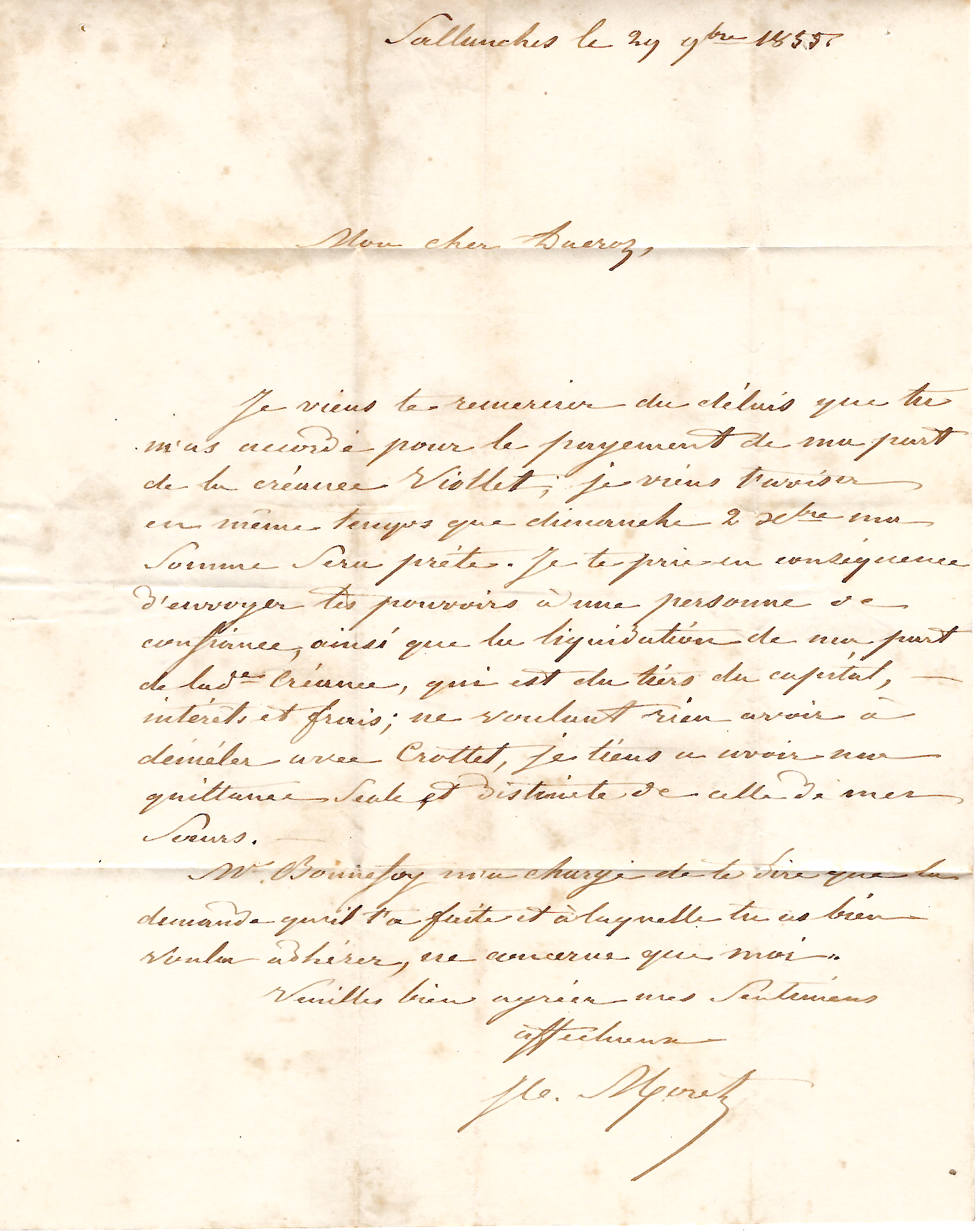 2 SARDE 20C BLEU LAITEUX LETTRE SALLANCHES 1855 POUR BONNEVILE