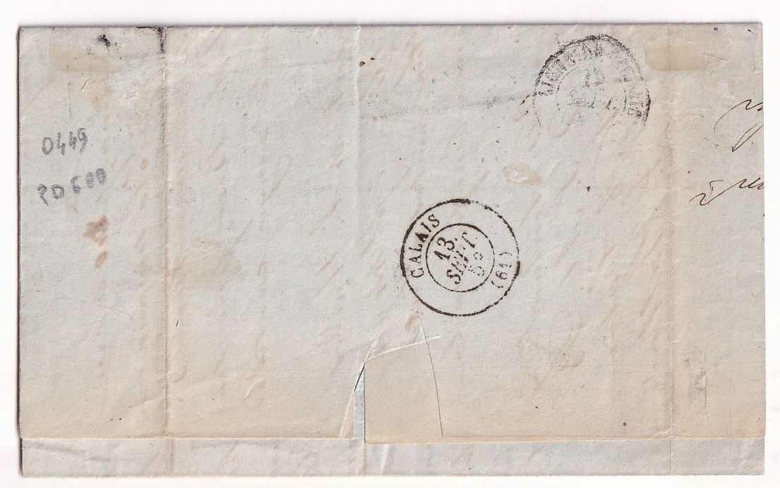 1 N°6 COULEUR CERISE BDF + BANDE DE 3 N°9 PARIS DS2 ROMAIN POUR NEW YORK USA 12 SEPTEMBRE 1853