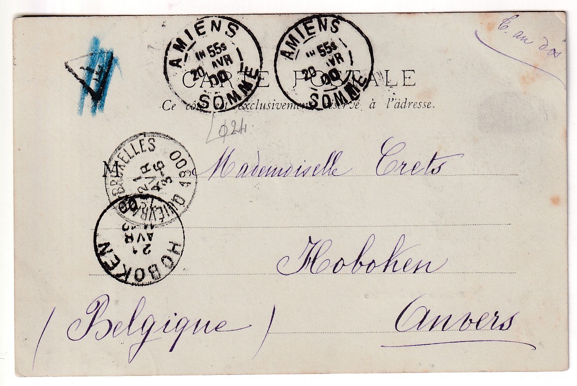 1 N°89 ANNULATION ROULETTE BELGE DEPART AMIENS SOMME POUR HOBOKEN BELGIQUE 1900