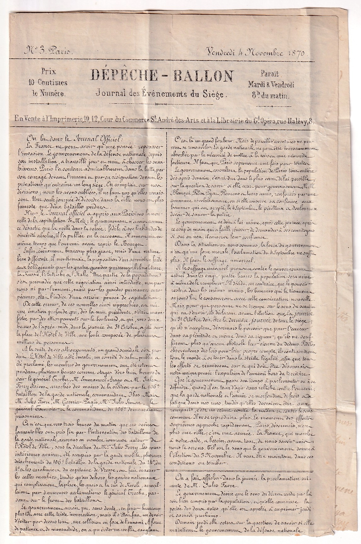 1 BALLON MONTE GIRONDE N°29 CAD R CARDINAL LEMOINE 6.11.1870 SUR DEPECHE BALLON N°3 POUR MARSEILLE SANS CACHET ARRIVE