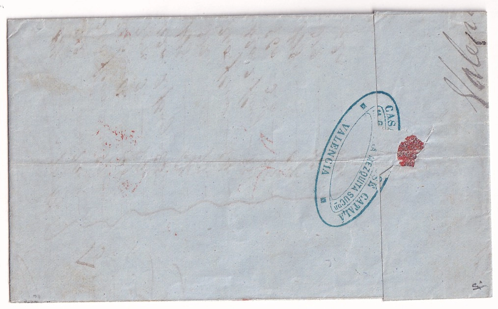 1 TIMBRE ESPAGNE GC 2240 MARSEILLE ENTREE ROUGE ESPAGNE MARSEILLE TEXTE VALENCE VALENCIA TAXE 5C ROUGE