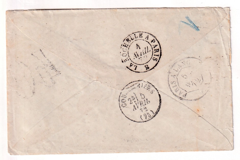1 LETTRE D'UN DETENU A LA CITADELLE DE ST MARTIN DE RE CHARENTE INFERIEURE 4 AVRIL 1872 TAXE 40 DT POUR COULOMMIERS SEINE ET MARNE DETENU EDMOND TRICOUT CONDAMNE AU BAGNE DE NOU NOUVELLE CALEDONIE COMMUNE DE PARIS