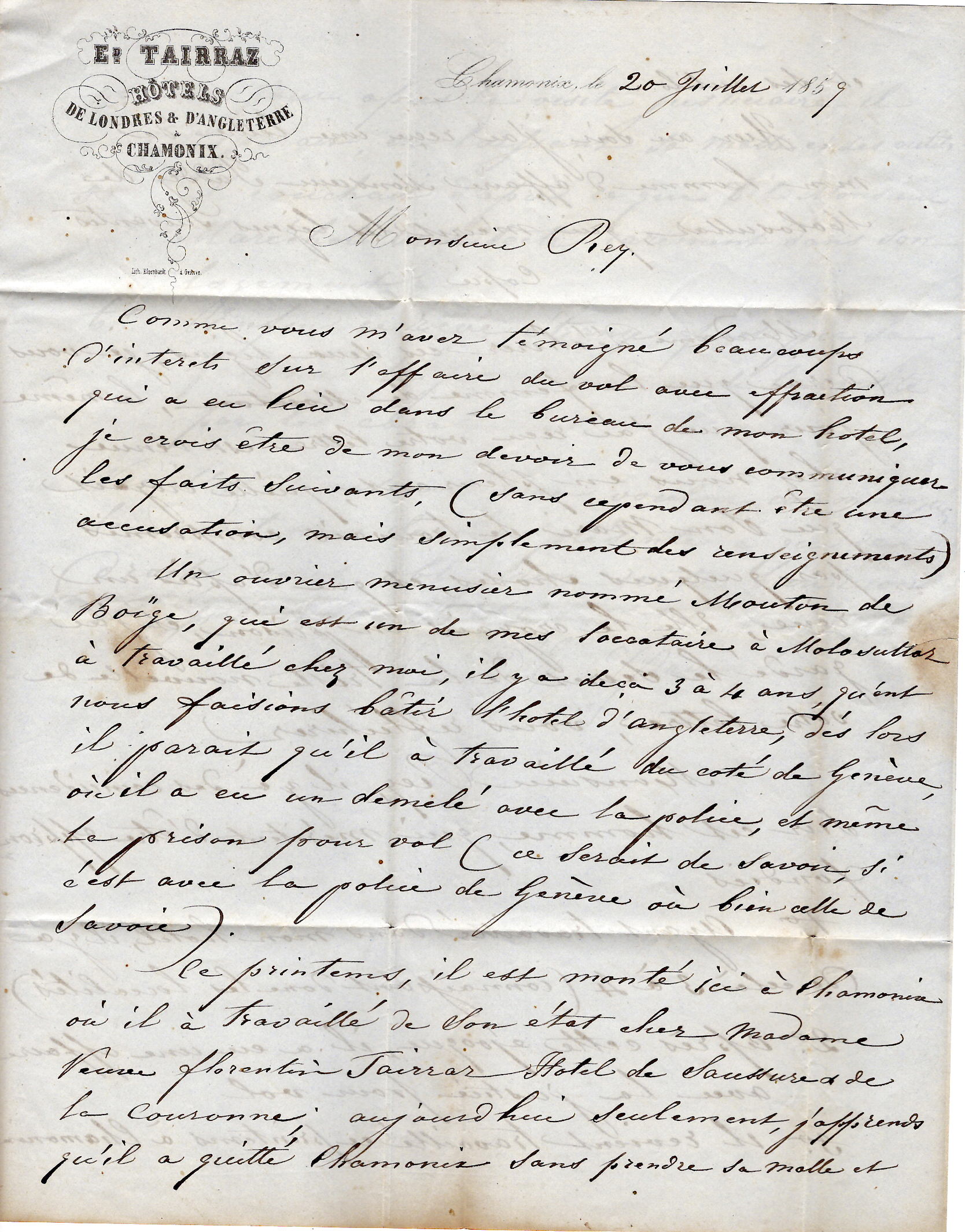 2 SARDE 20C CACHET SARDE BLEU CHAMONIX 21 JUIN 1859 LETTRE + FACTURE  TAIRRAZ HOTEL LONDRES ANGLETERRE