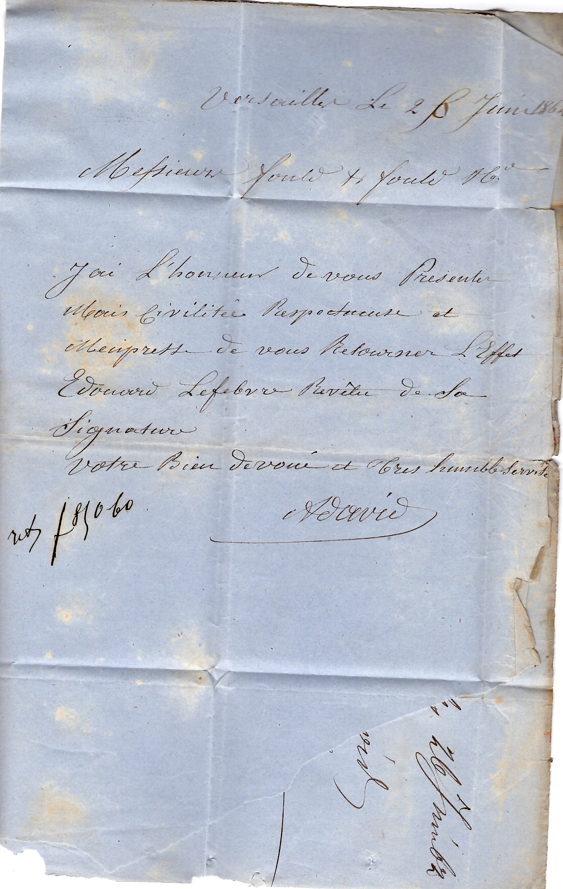 2 N° 14 PERCE EN LIGNE LETTRE PC VERSAILLES SEINE ET OISE 26 JUIN 1862 POUR PARIS