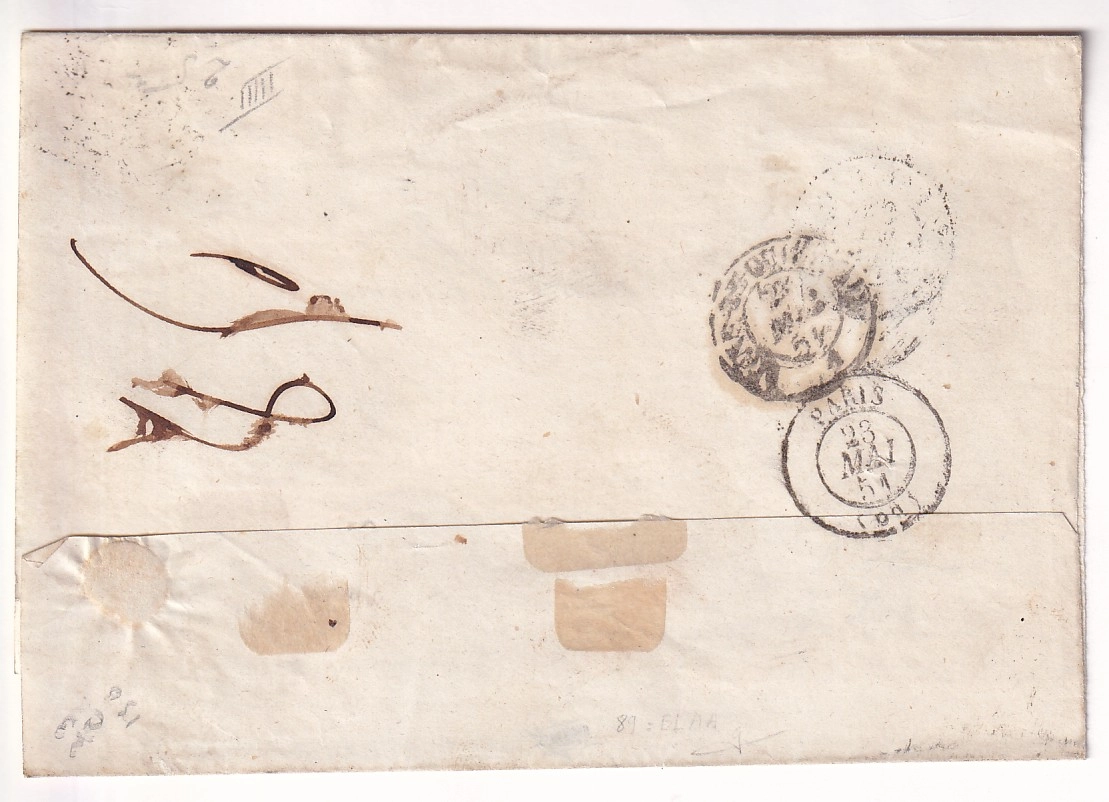 1 N°1 PAIRE GRILLE PARIS 21 MAI 1851 + PP PAYE 5C EN NUMERAIRE POUR HAM SOMME SIGNE BAUDOT ET CALVES CERTIFICAT LA POSTALE
