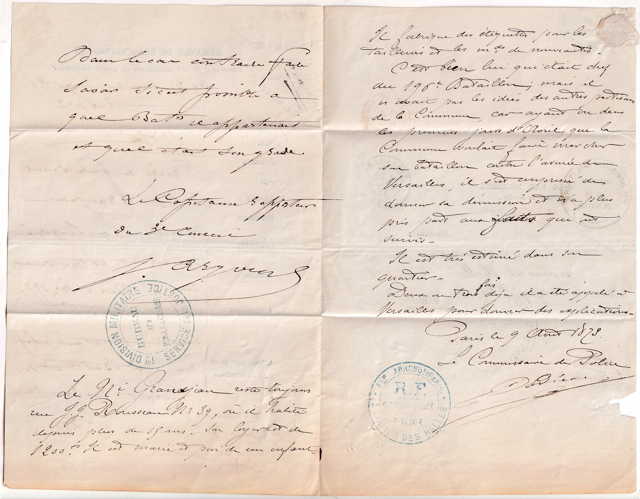 3 COMMUNE DE PARIS VERSAILLE 29 JUILLET 1873 1ERE DIVISION MILITAIRE POUR PARIS