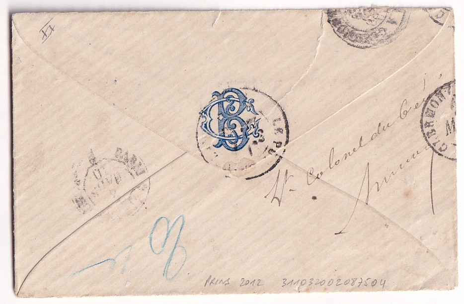 1 CORR ARMEES ST LOUIS SENEGAL EN BLEU 17 FEVRIER 1870 POUR LE PUY HAUTE LOIRE REEXP GIVET ARDENNES AU DOS LE COLONEL AU DOS TAXE 20 MANUSCRITE TARIF MILITAIRE