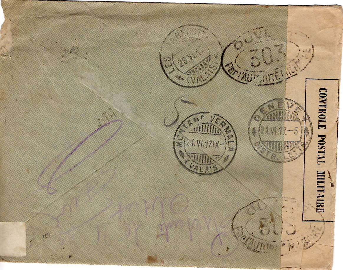1 MERSON 50C GRIFFE POSTES SERBES LETTRE REC 1917 POUR SUISSE CENSURE