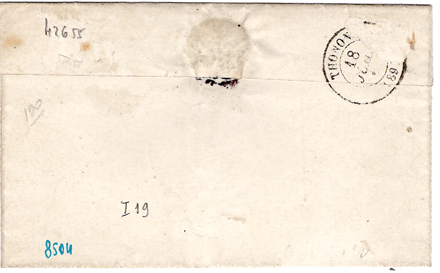 1 FRANCE N° 13 PC 4254 TYPE 22 LE BIOT 18 JUIL 1861 (89) POUR THONON COTE 420€ ++