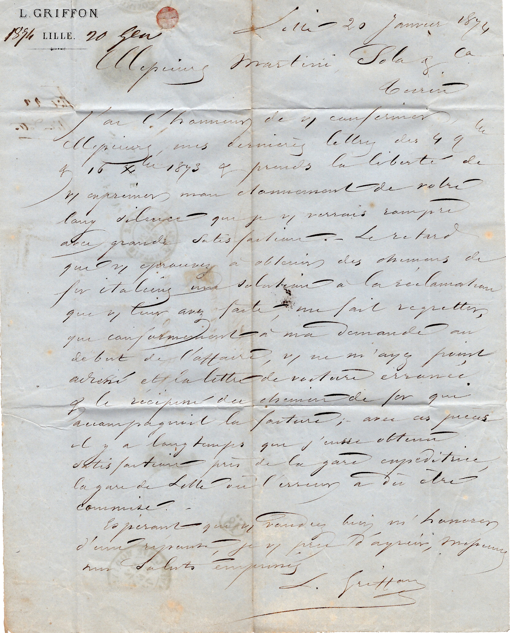 2 CERES 5C+10C+25C LETTRE GC 6315 LILLE 20 JANV 1874 POUR ITALIE TRICOLORE