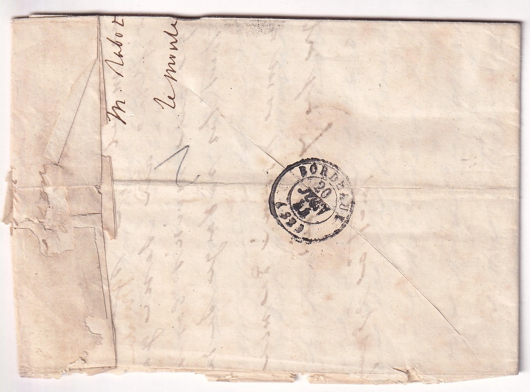 1 MARQUE POSTE DU MOULE GUADELOUPE TAXE 4 TAMPON CACHET ROUGE OUTREMER PAR PAUILLAC  POUR BORDEAUX 1844