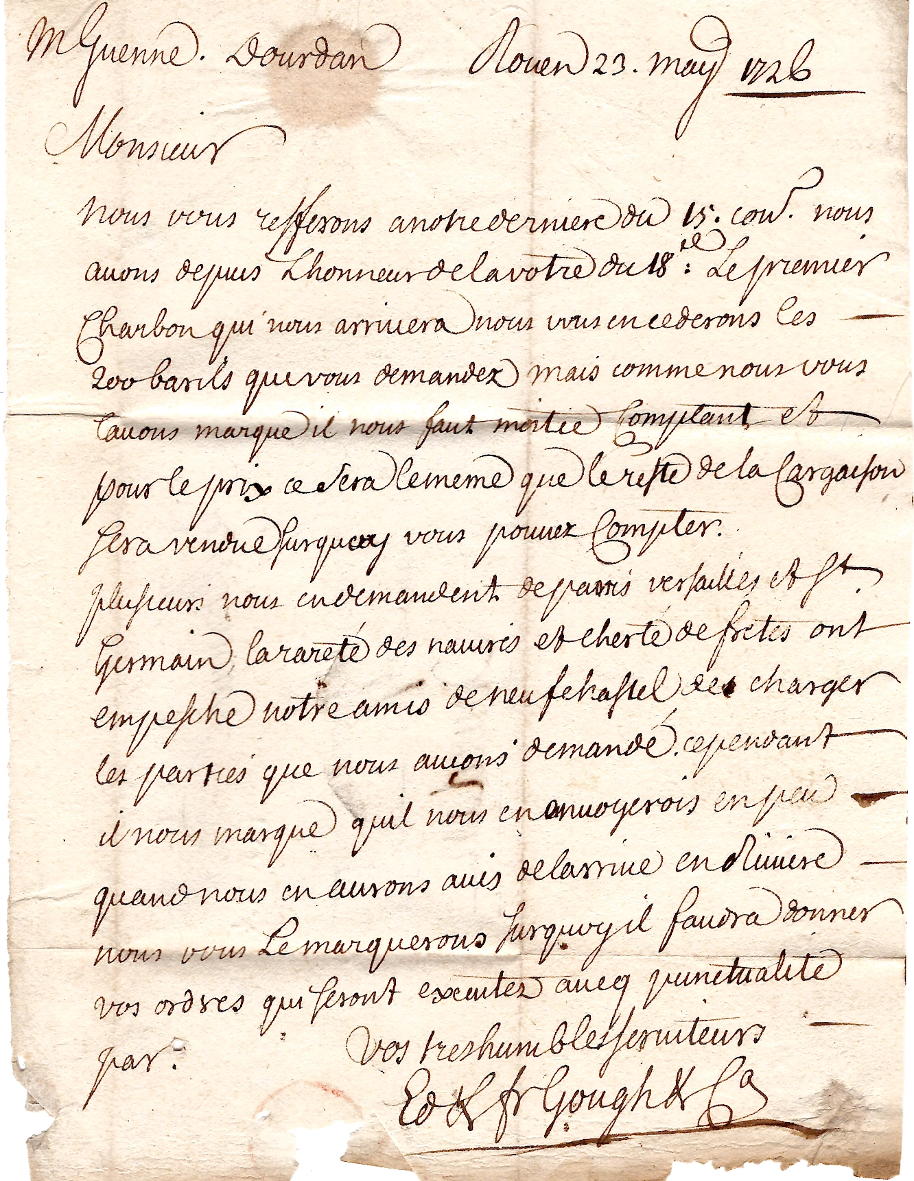 2 SEINE INFERIEURE MARQUE ROUEN A SEC 1726 LETTRE POUR DOURDANCOTE 340€