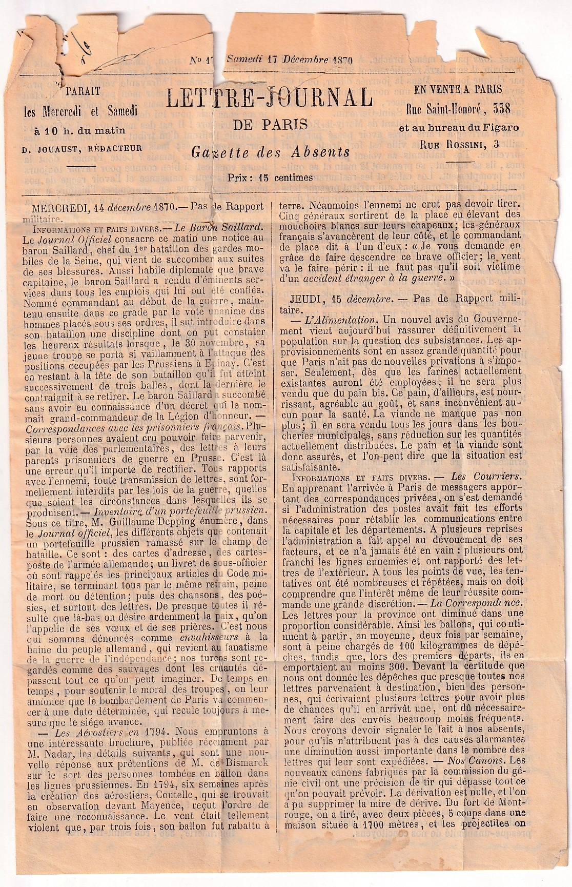 2 BALLON MONTE LE LAVOISIER N°30 + 31 PARIS 20.12.1870 POUR NEW YORK USA VIA LONDRES AMBULANT PARIS A CALAIS 24.12.1870