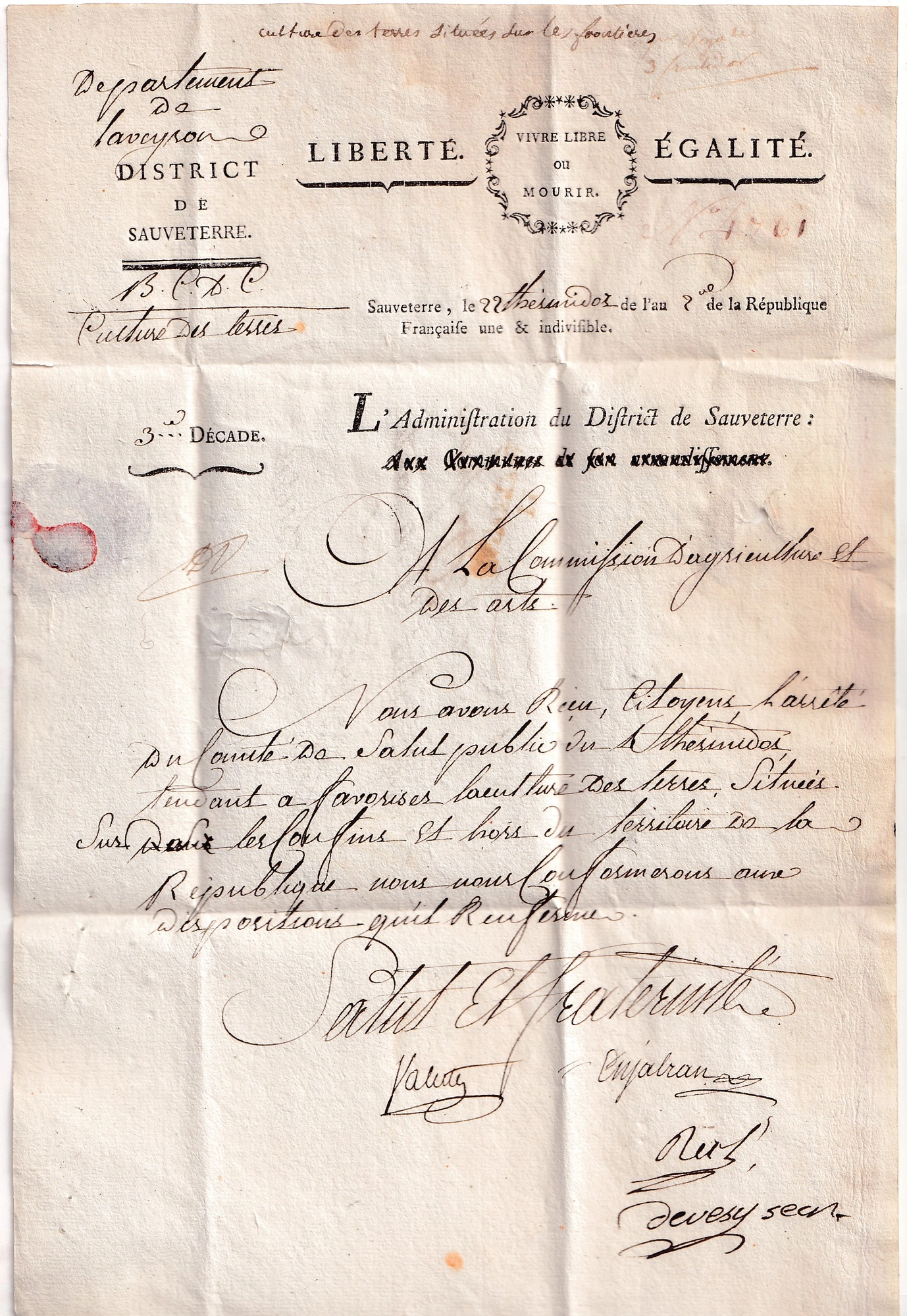 2 MARQUE 11 SAUVETERRE AVEYRON 33X9 INDICE 23 AN2 1794 FRANCHISE CONTRESEING DISTRICT DE SAUVETERRE POUR PARIS