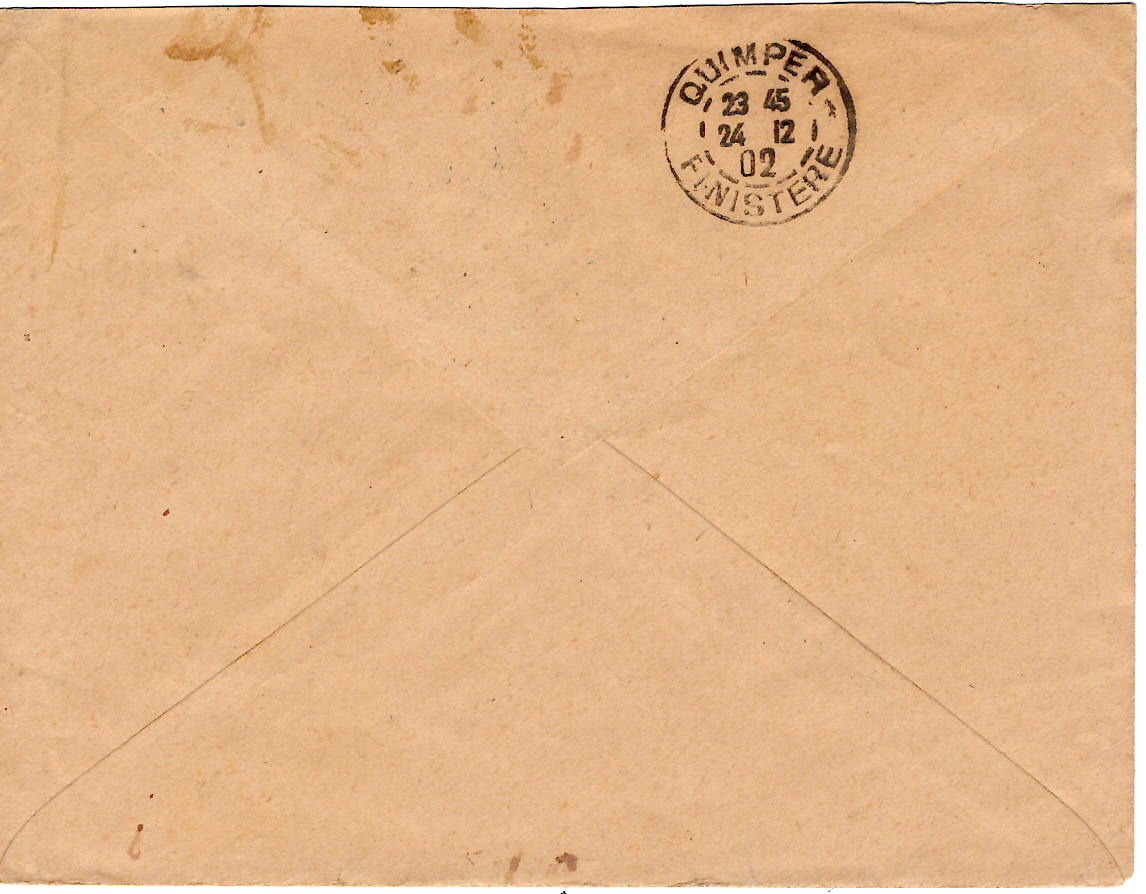 1 MOUCHON 15C ORANGE F.M. LETTRE CACHET BLEU FORT DE FRANCE MARTINIQUE 1902