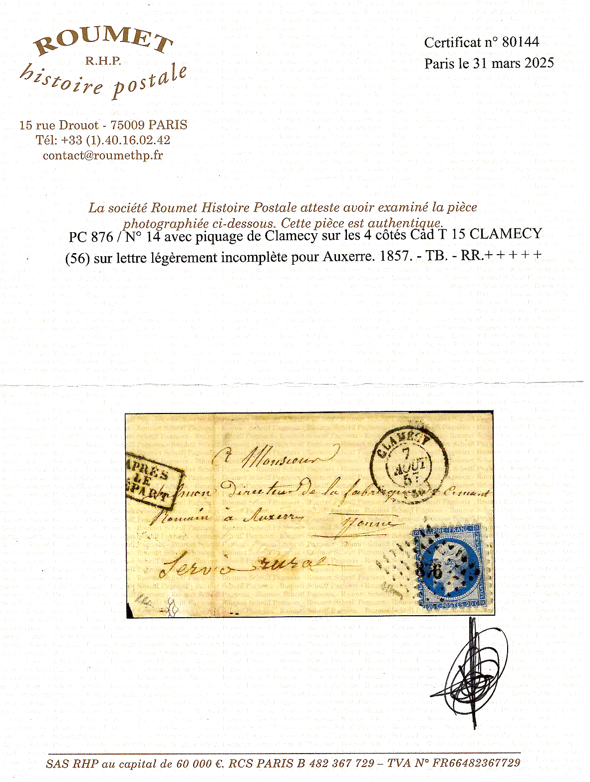 2 N° 14 PIQUAGE CLAMECY LETTRE INCOMPLETE PC 876 CLAMECY 1857 + CERTIFICAT