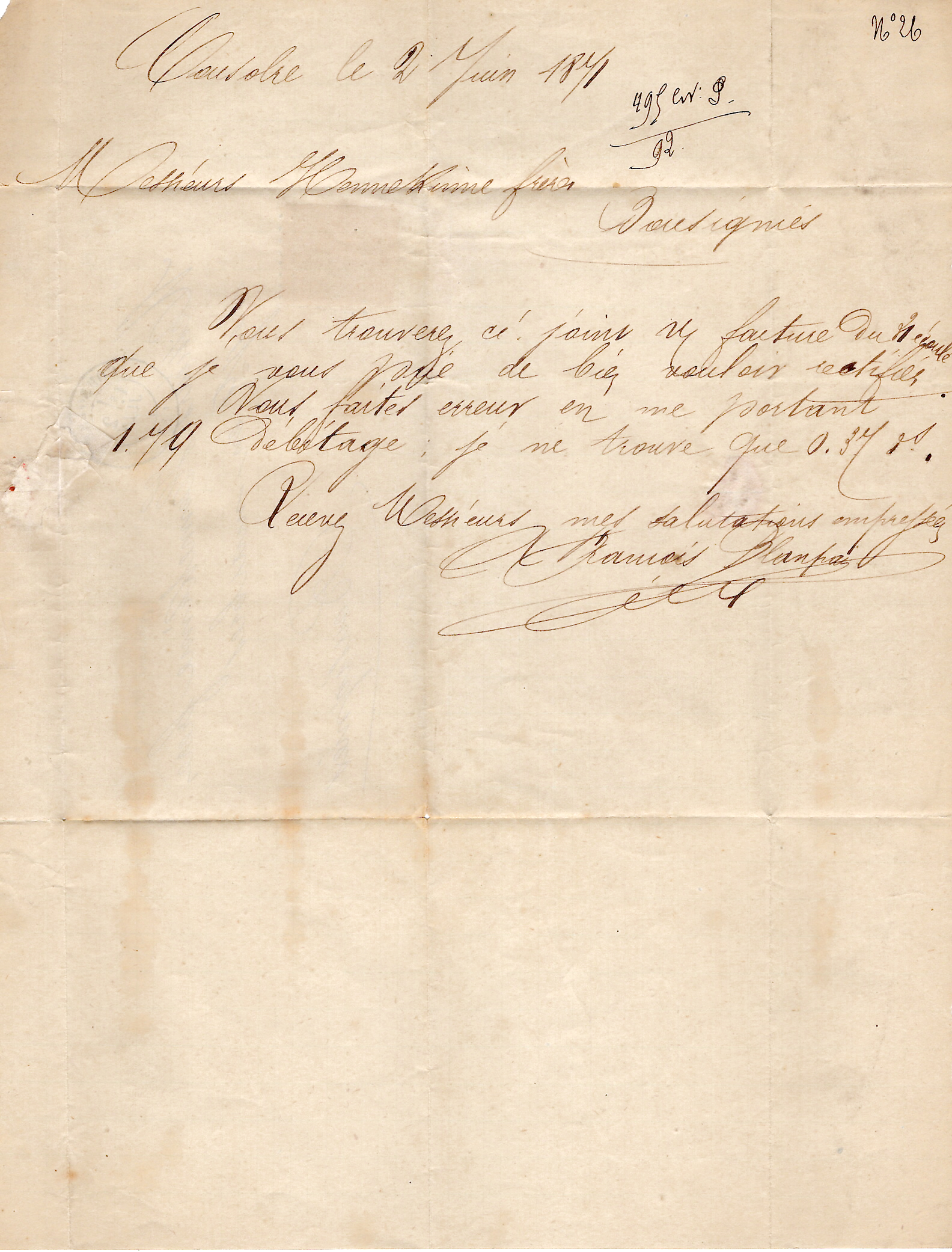 2 BORDEAUX 10C NUANCE GC 4482 COUSOLRE 2 JUIN 1871 NORD  SEUL LETTRE