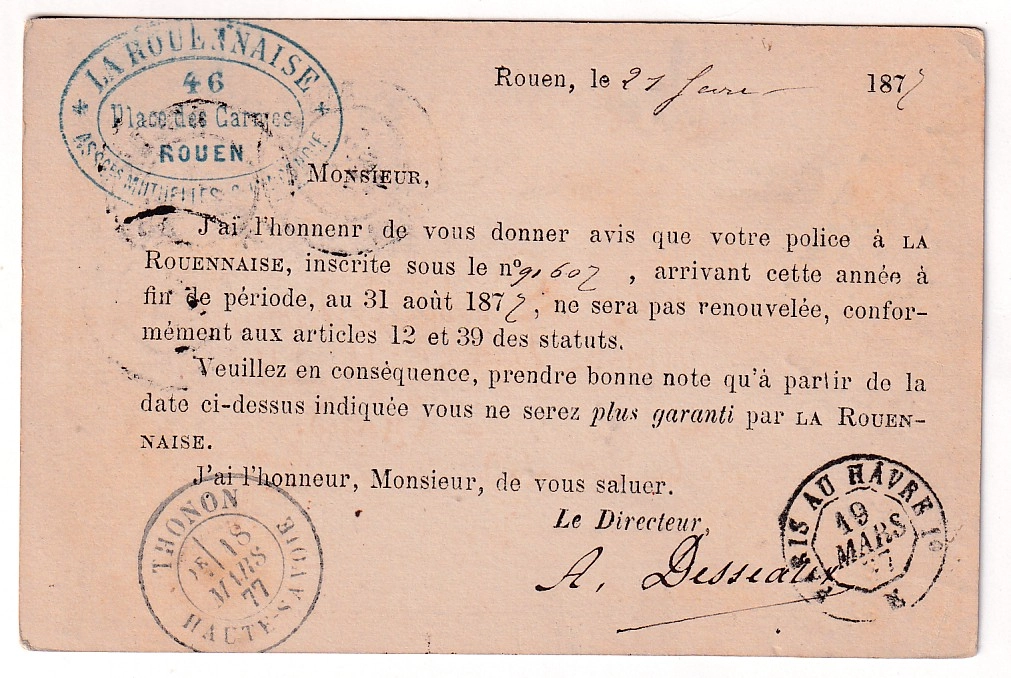 1 SAGE 15C+25C CARTE PRECURSEUR REC ROUEN 1877 POUR LYAUD HAUTE SAVOIE RETOUR 3949 REFUSE FACTEUR DUCHENE
