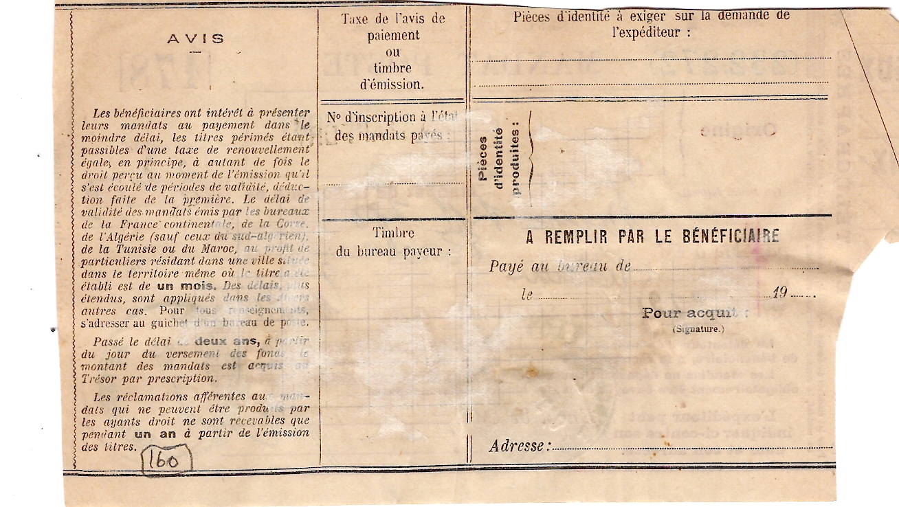 1 PAIX 75C SEUL MANDAT POSTE ASTAFORT 4.8.1937 LOT ET GARONNE RARE