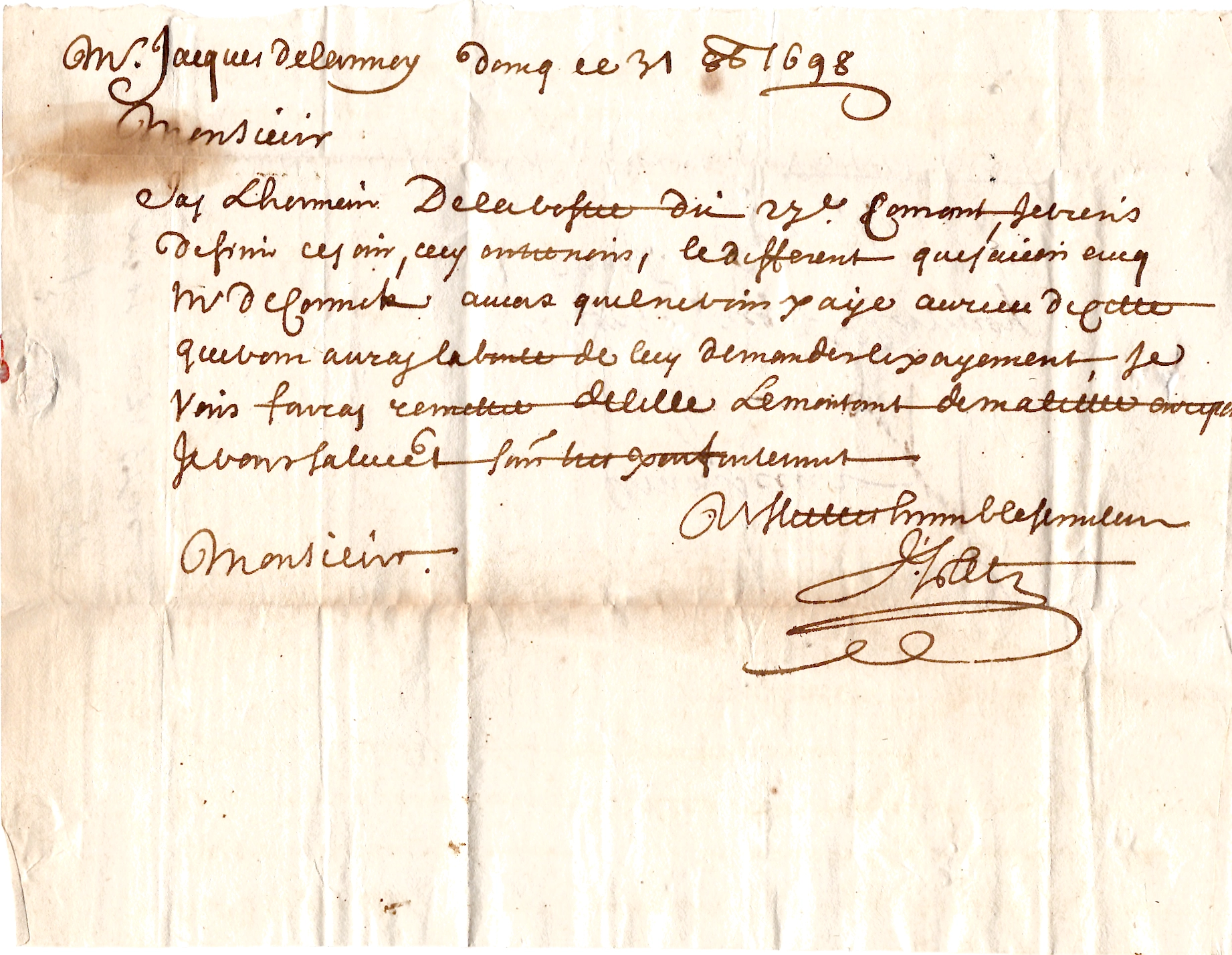 1 NORD MANUSCRITE DUNKERQUE 1698 LETTRE POUR AMIENS COTE 600€