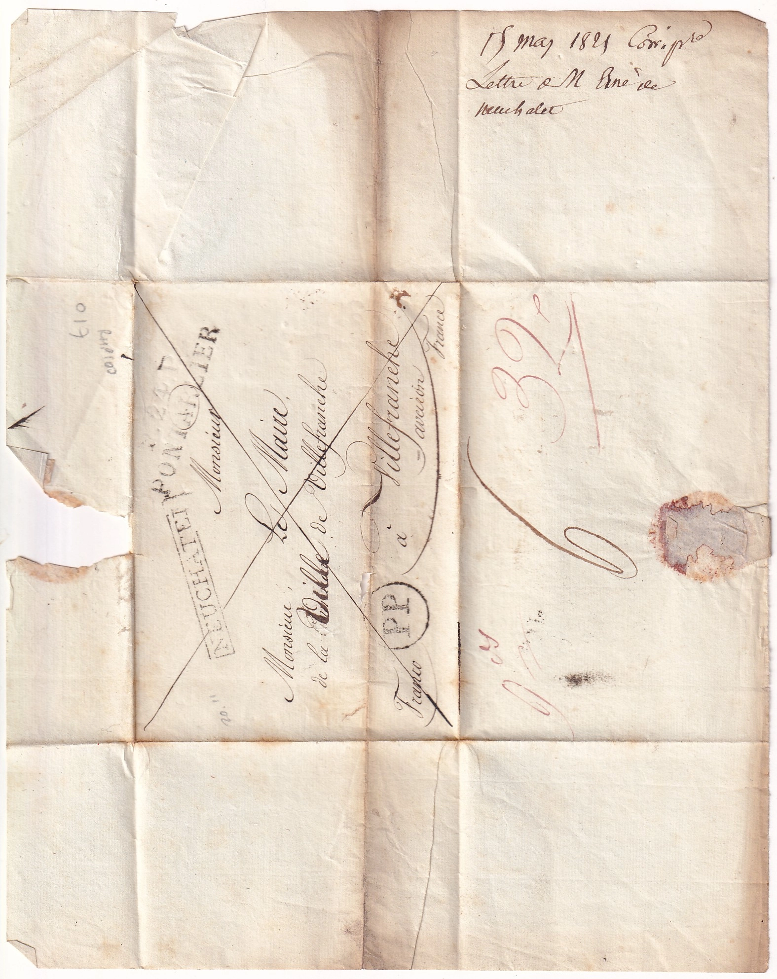2 MARQUE P24P PONTARLIER DOUBS + PP NEUCHATEL SUISSE 1821 POUR VILLEFRANCHE DE ROUERGUE AVEYRON