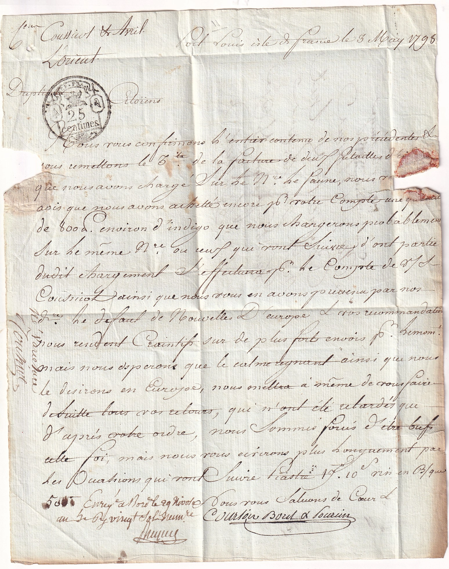 1 MARQUE 54 COLONIE PAR LORIENT  TEXTE DE PORT LOUIS ISLE DE FRANCE ILE MAURICE MAURITIUS 1798 POUR LORIENT MORBIHAN PAR LE BATEAU LE GANGE