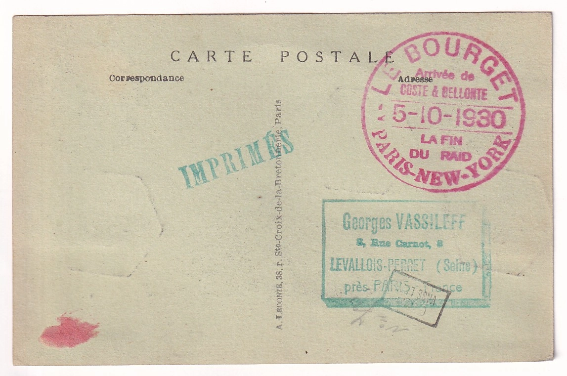 1 PARIS 25/10/1930 CARTE POSTALE COSTES ET BELLONTE LE BOURGET ARRIVE FIN DU RAID PARIS NEW YORK