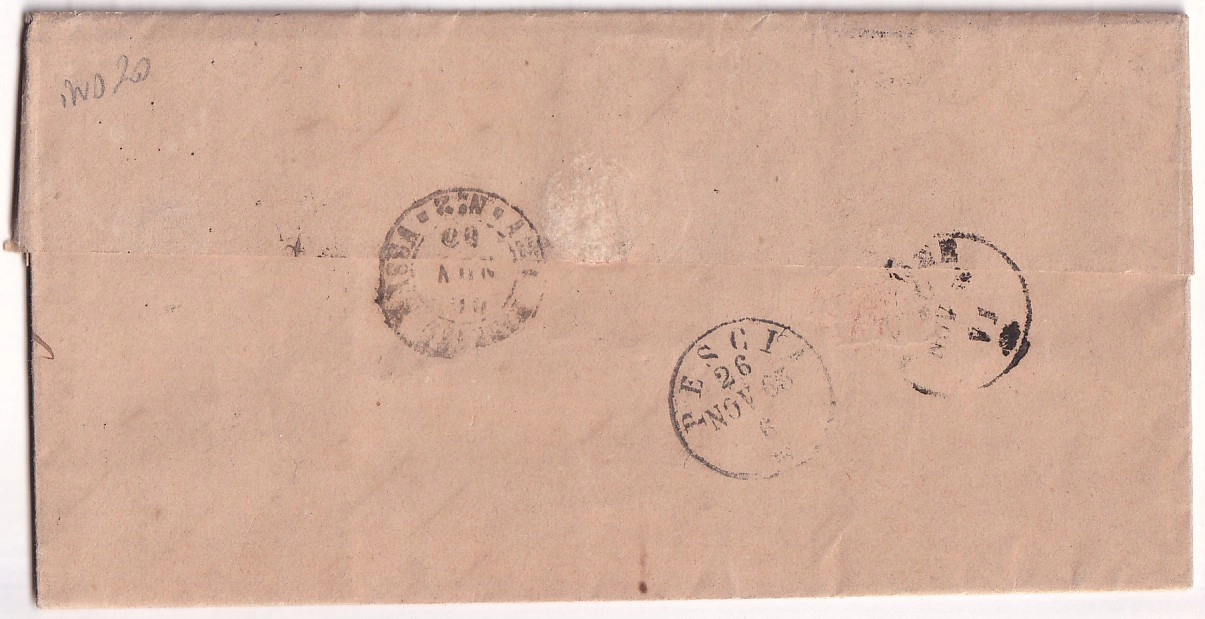 1 N°22 PARIS ETOILE 15 CAD BUREAU G RARE POUR PESCIA ITALIE 1863 INDICE 20