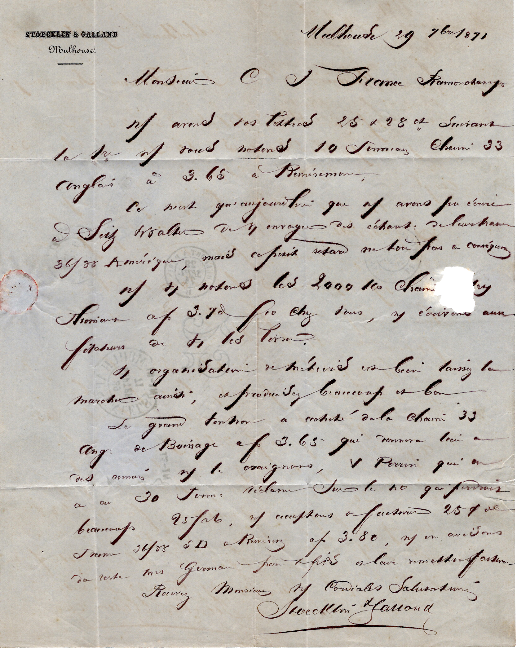 3 ALSACE N° 6 LETTRE CACHET FER A CHEVAL BLEU MULHAUSEN 29 SEPT 1871 POUR VOSGES TAXE 25DT  CERTIFICAT ROUMET