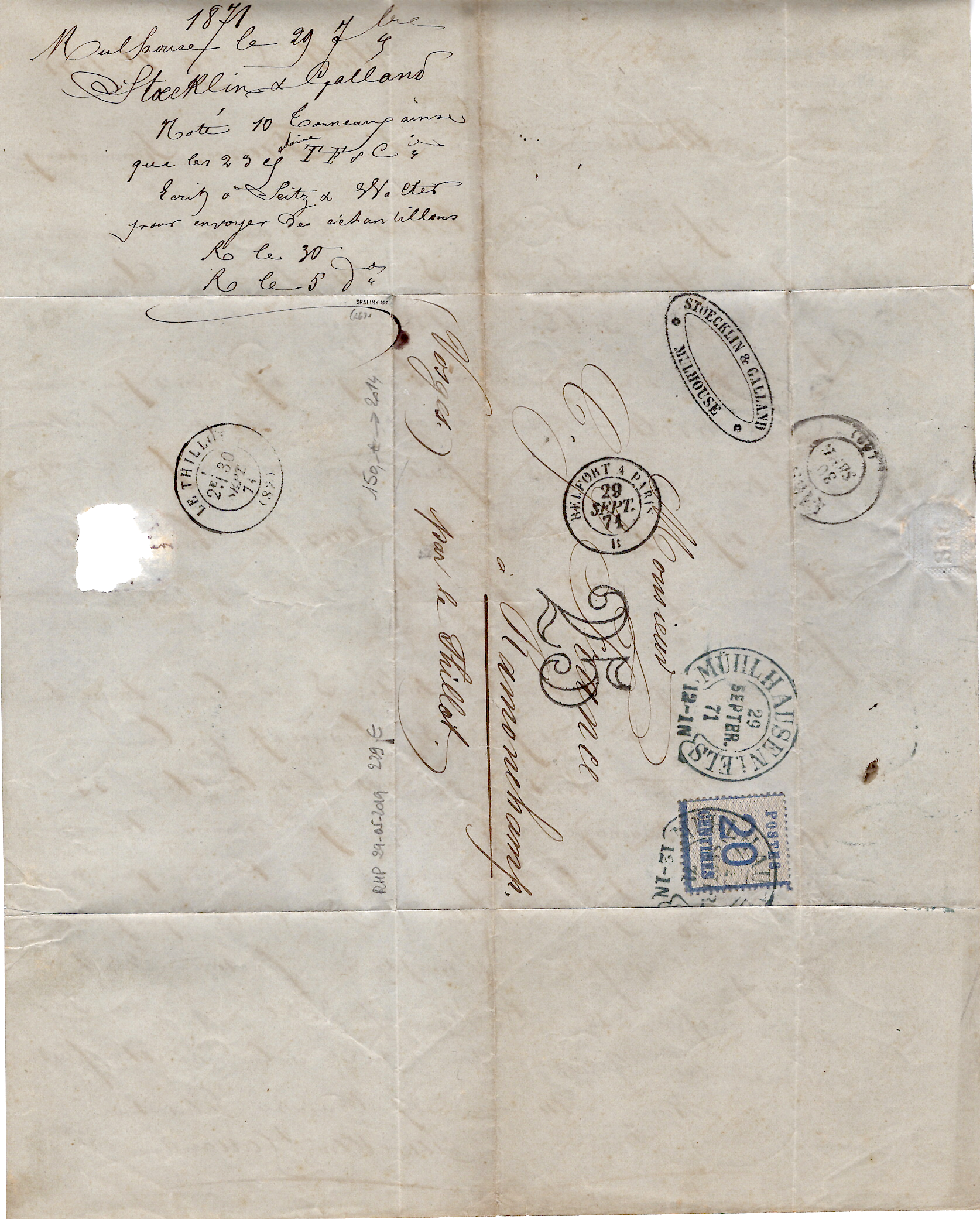 2 ALSACE N° 6 LETTRE CACHET FER A CHEVAL BLEU MULHAUSEN 29 SEPT 1871 POUR VOSGES TAXE 25DT  CERTIFICAT ROUMET