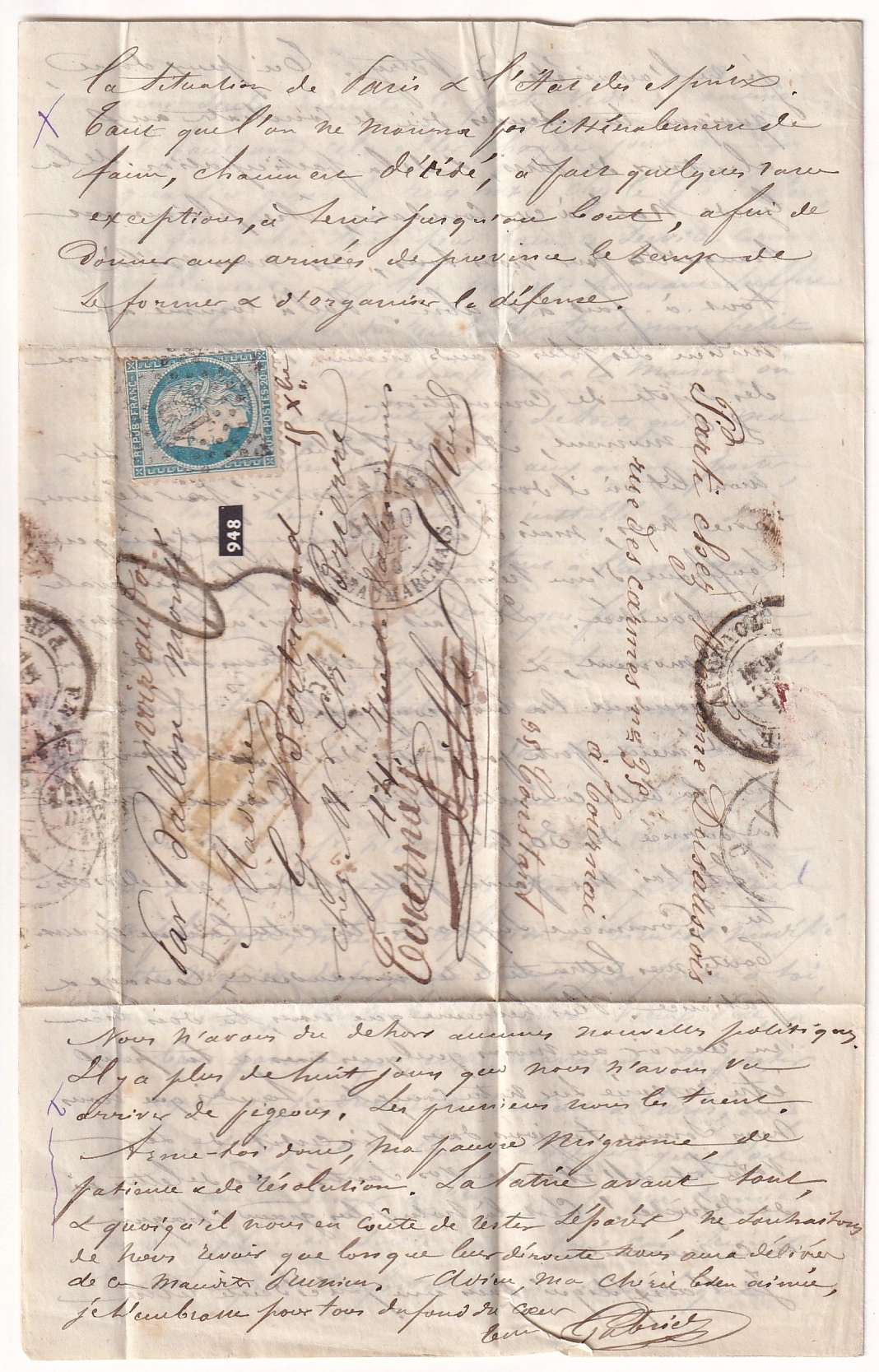 4 BALLON MONTE LE GENERAL RENAULT PARIS 10.12.1870 POUR LILLE NORD REEXPEDIE A TOURNAY BELGIQUE TAXE TAMPON 3 ARRIVE LILLE 14.15.1870 AU DOS