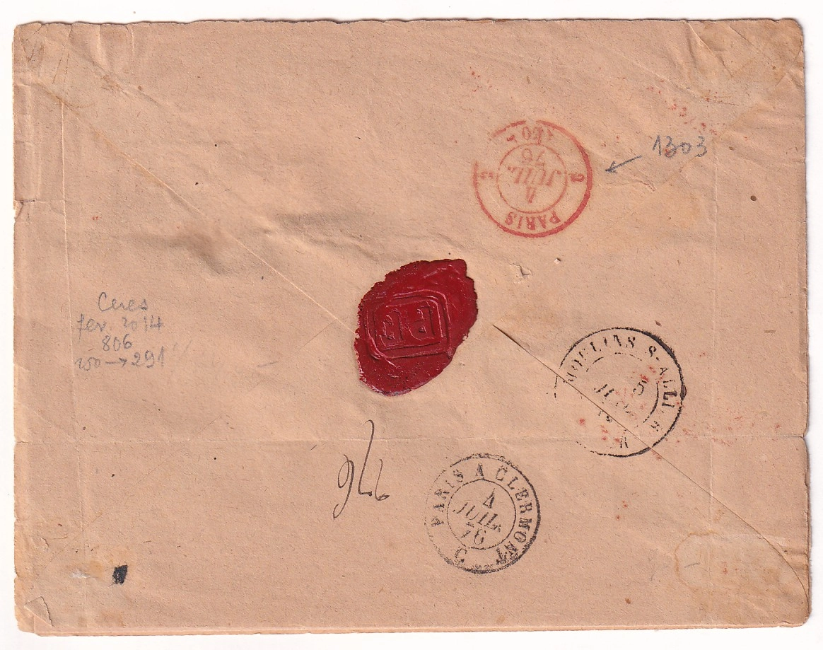 1 N°60 X3 CAD ROUGE AFFRANCHISSEMENT 3 PARIS 3 RECOMMANDE MOULINS ALLIER