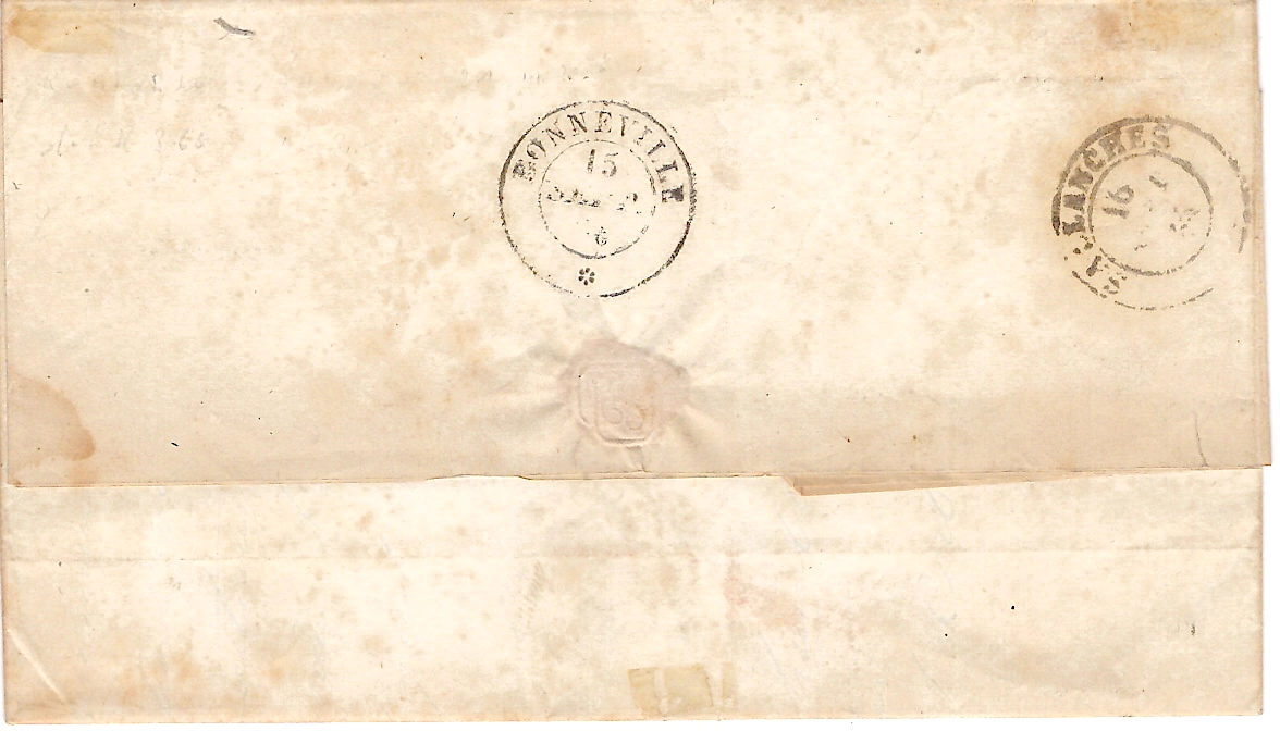 1 SARDE 20C BLEU LAITEUX ST JEOIRE BELLES MARGES 15 SEPT 1856 LETTRE POUR MEGEVE HAUTE SAVOIE