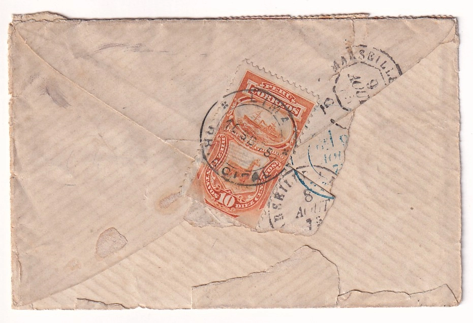 1 AFFRANCHISSEMENT MIXTE FRANCE PEROU N°38 54 57 GC 1459 EYGUIERES BOUCHES DU RHONE AU RECTO TIMBRE PEROU 10C CAD LIMA 1875