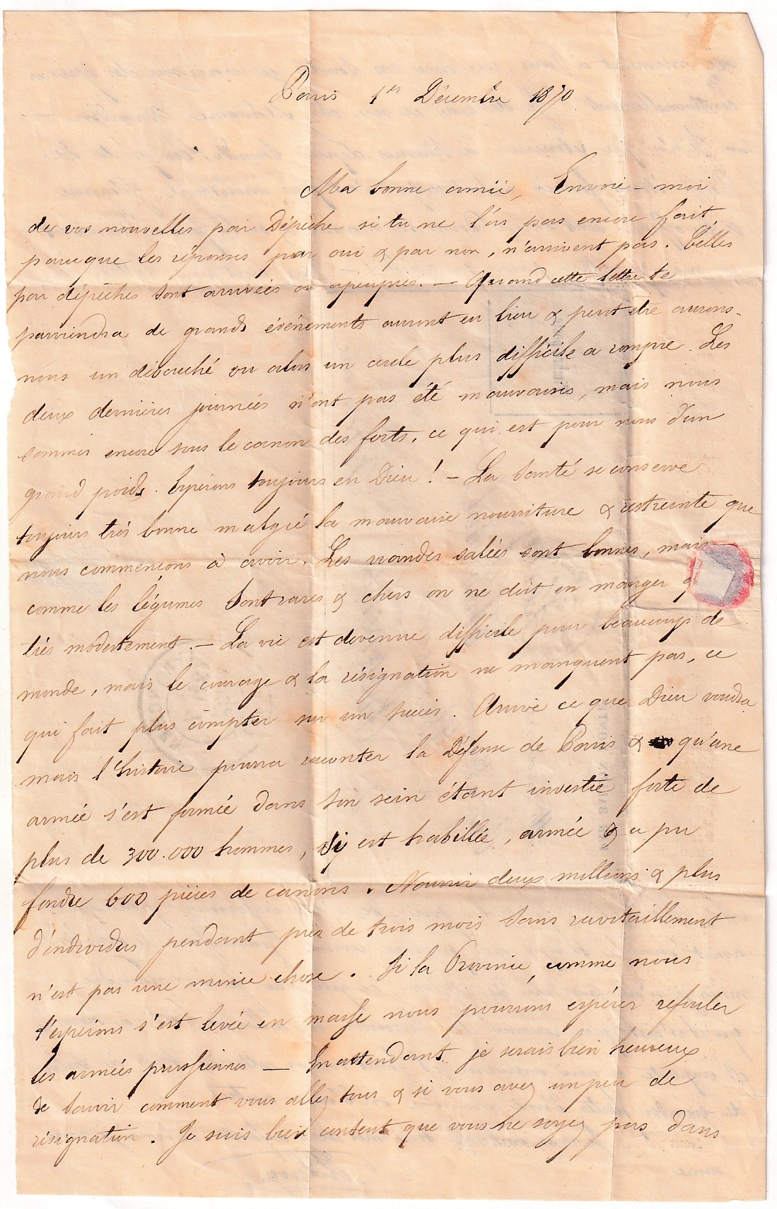 2 GUERRE 1870 BALLON MONTE LE FRAKLIN 1 DEC 1870 PARIS POUR AVRANCHES MANCHE