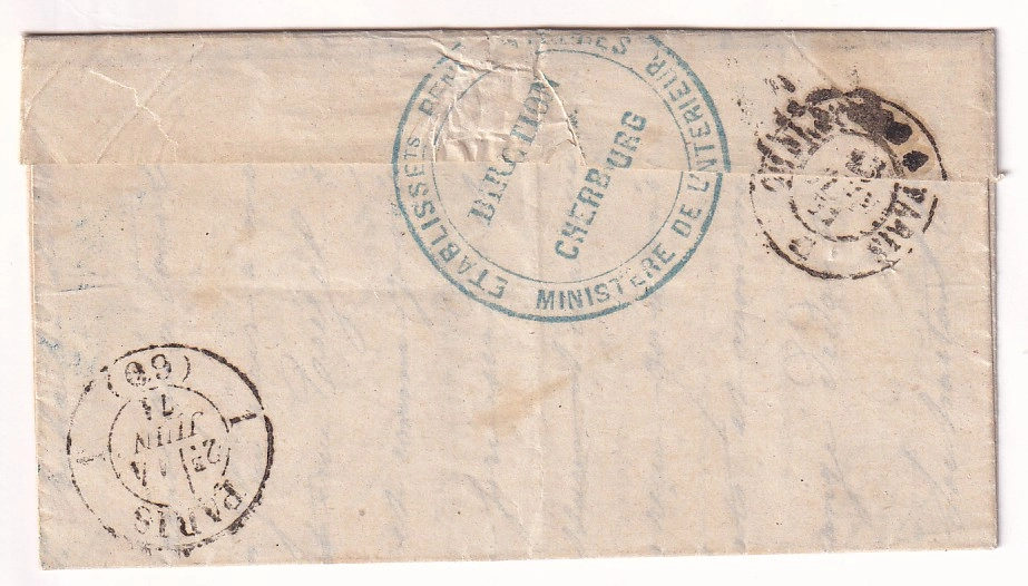 1 LETTRE D'UN DETENU AU FORT DU HOMMET CHERBOURG MANCHE 13 JUIN 1871 POUR PARIS COMMUNE DE PARIS