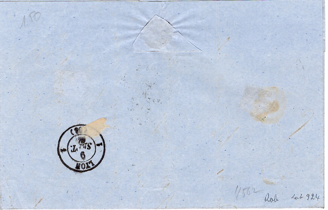 1 FRANCE N° 14 LETTRE CACHET SARDE ANNECY 7 SEPT 1860 POUR LYON