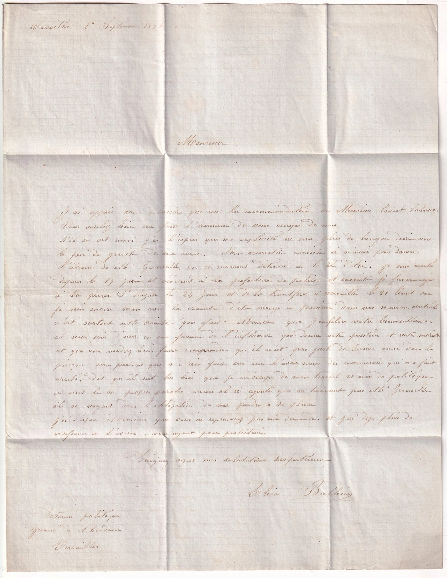 2 N°28 VERSAILLES 2 SEPTEMBRE 1871 TAXE 15C CRAYON ROUGE D'UNE DETENUE AU GRENIER D'ABONDANCE PRISON POUR FEMMES DETENUE ELISA BALBIEN COMMUNE DE PARIS