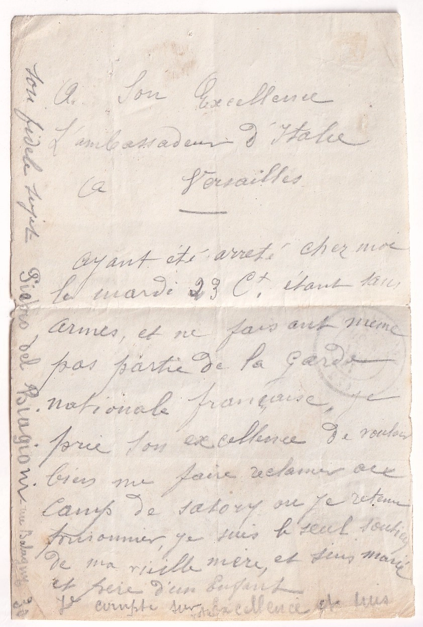 1 TAXE N°3 DU 29 MAI 1871 SEMAINE SANGLANTE LETTRE D'UN DETENU AU CAMPS DE SATORY POUR AMBASSADE ITALIE VERSAILLES COMMUNE DE PARIS