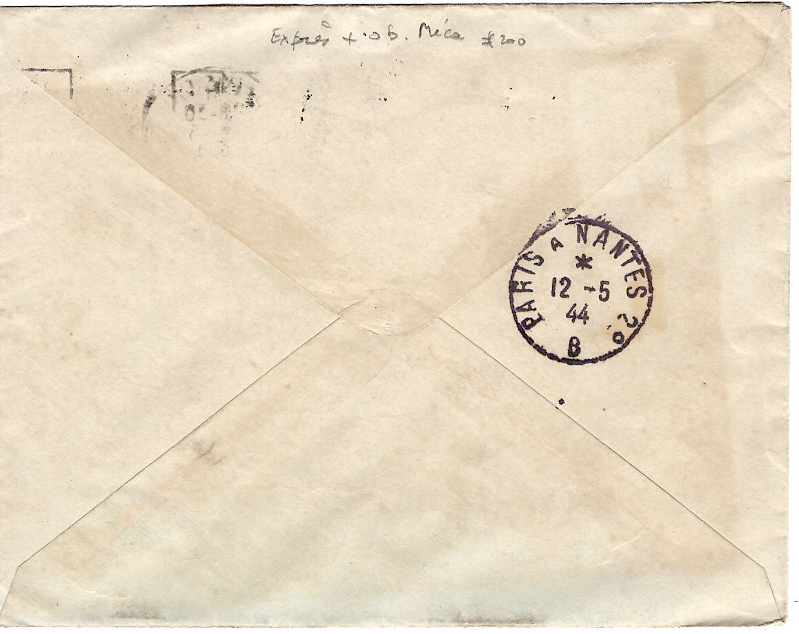 1 PETAIN 1FR50 BRUN +2FR VERT X3 LETTRE EXPRES MEC FRANKERS SECOURS BARRAGE PARIS VIII 1944