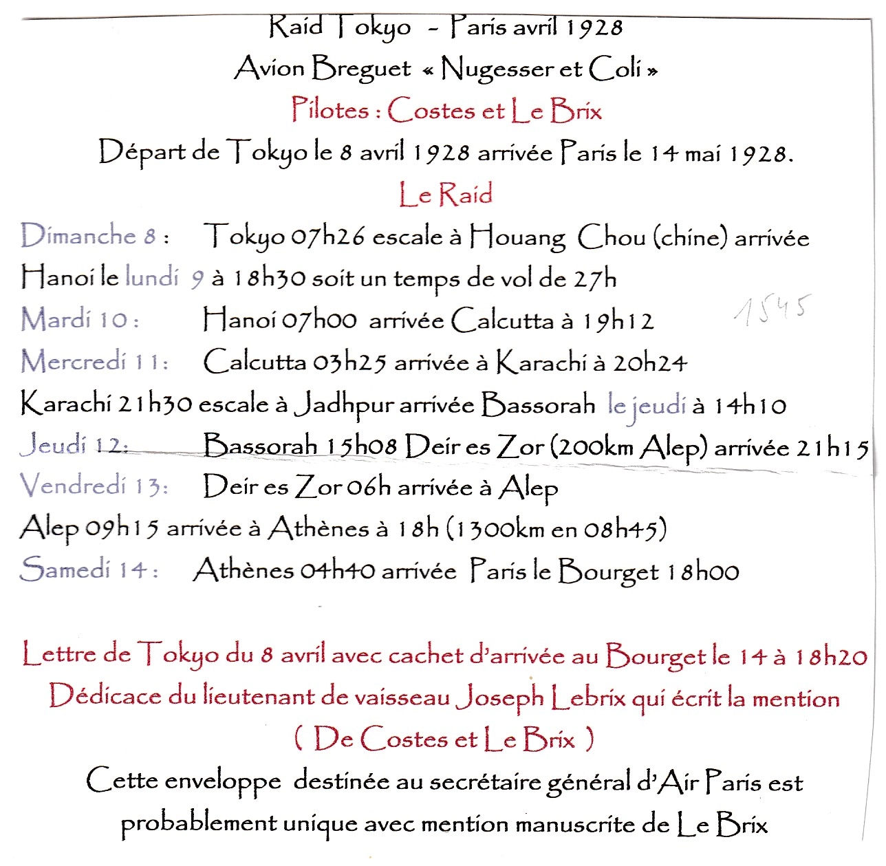 2 TOKYO PARIS 14/4/1928 ETAPE TOUR DU MONDE RARE MENTION MANUSCRITE COSTE ET LEBRIX