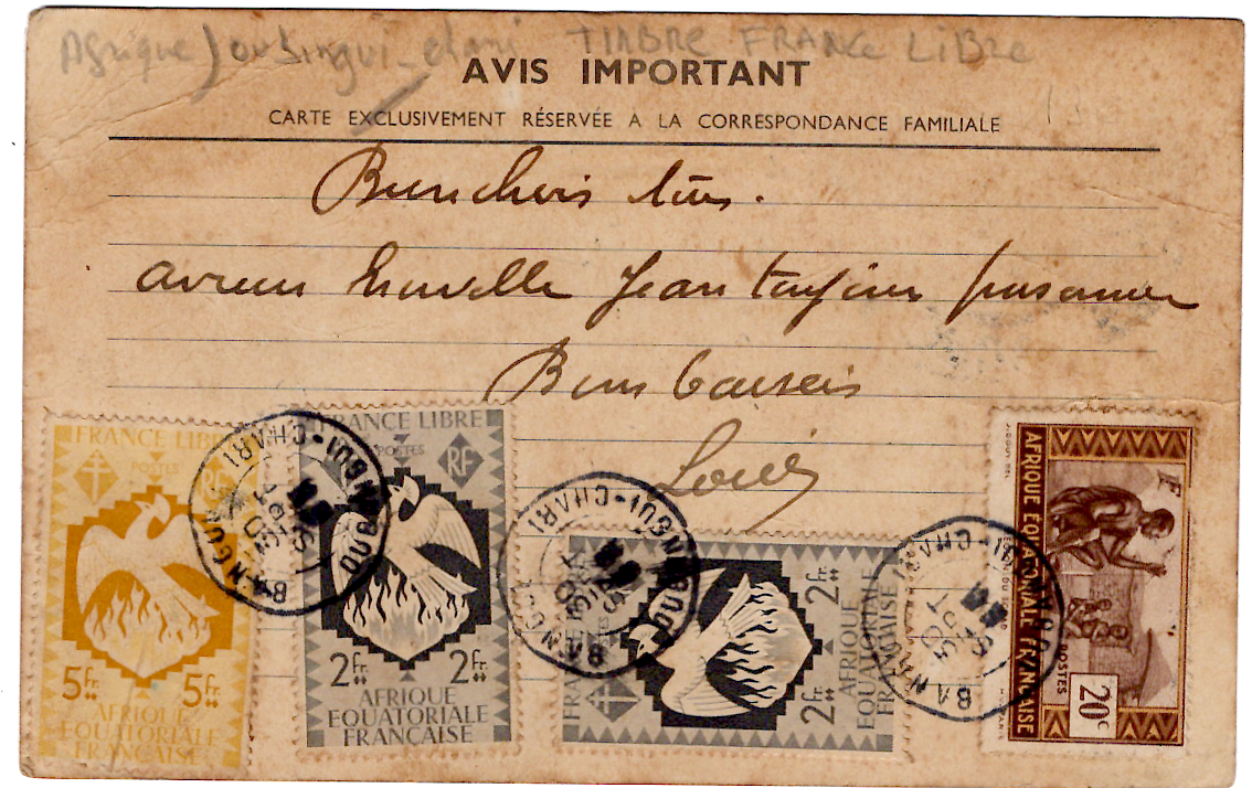 1 ENTIER AEF CP 2FR BANGUI OUBANGUI + VERSO FRANCE LIBRE + AVION VIA ALGER RARE