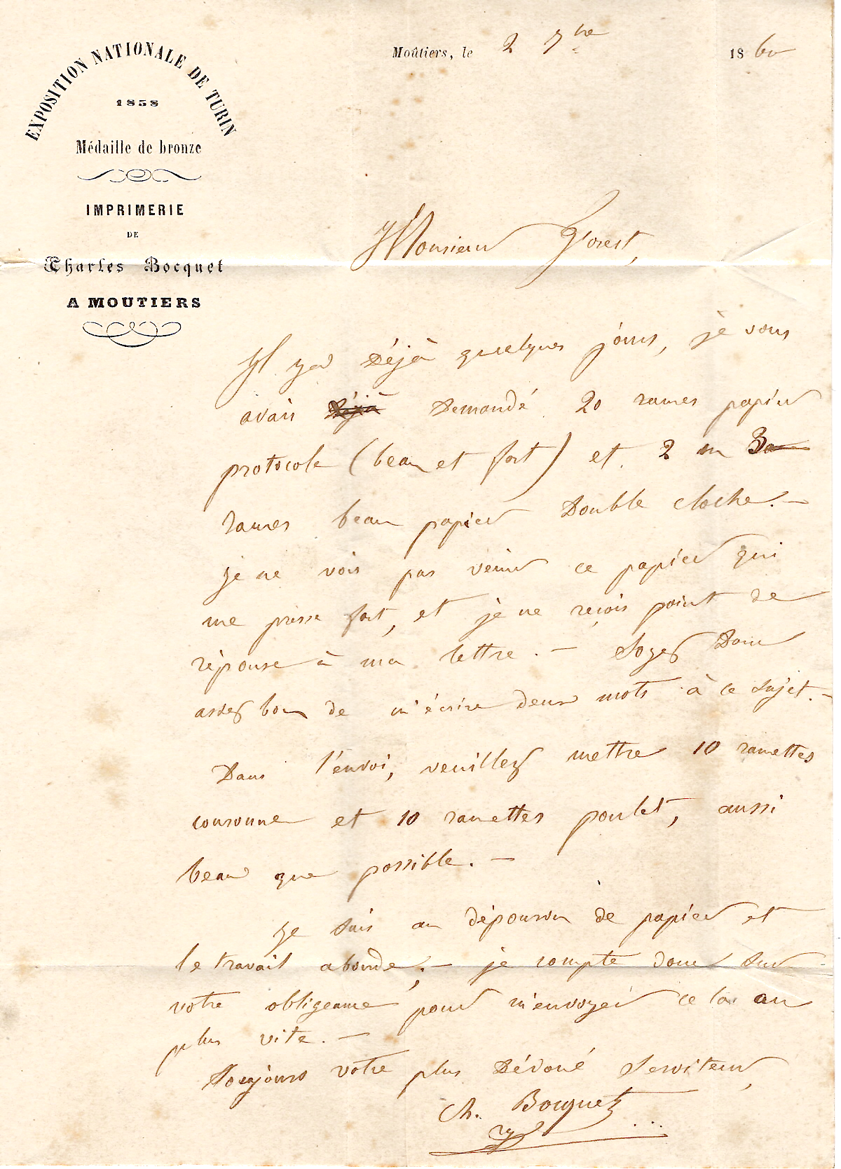 2 FRANCE N° 14 CACHET SARDE MOUTIERS 2 SET 1860 LETTRE POUR CHAMBERY SAVOIE  SIGNE JF BRUN