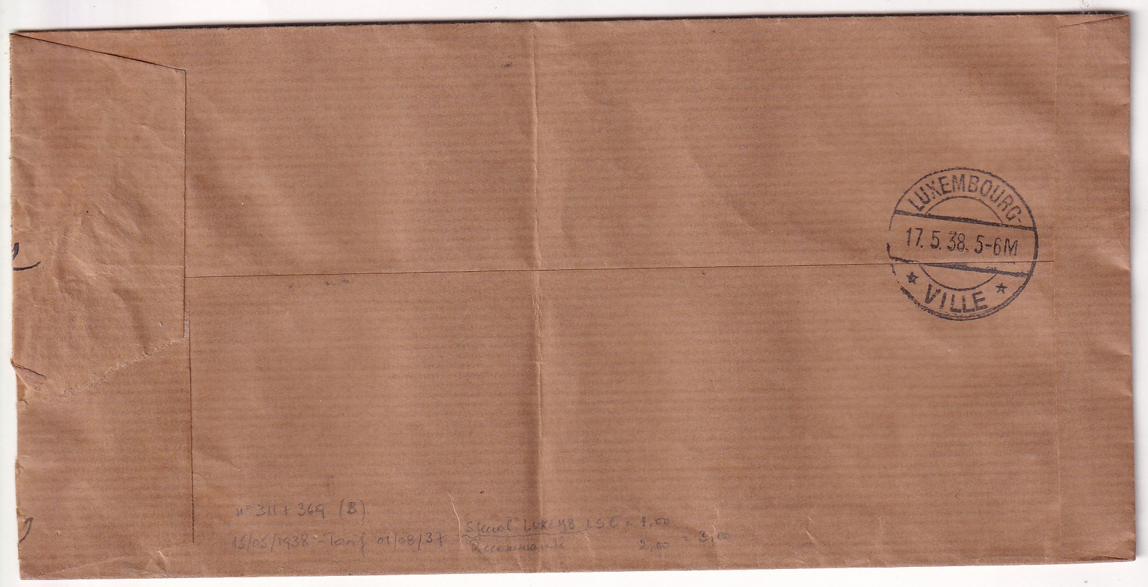 1 N°369 311 PARIS VIII RECOMMANDE POUR LE LUXEMBOURG 1938