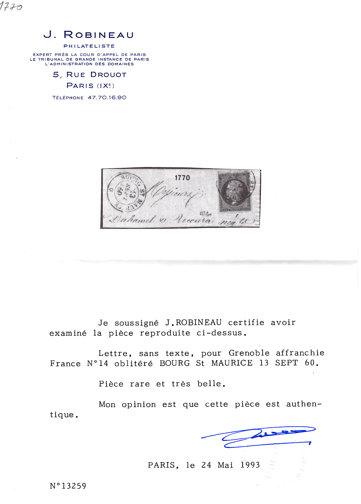 2 FRANCE N° 14 CACHET SARDE BOURG ST MAURICE 13 SEPT 1860 LETTRE + CERTIFICAT BUREAU RARE