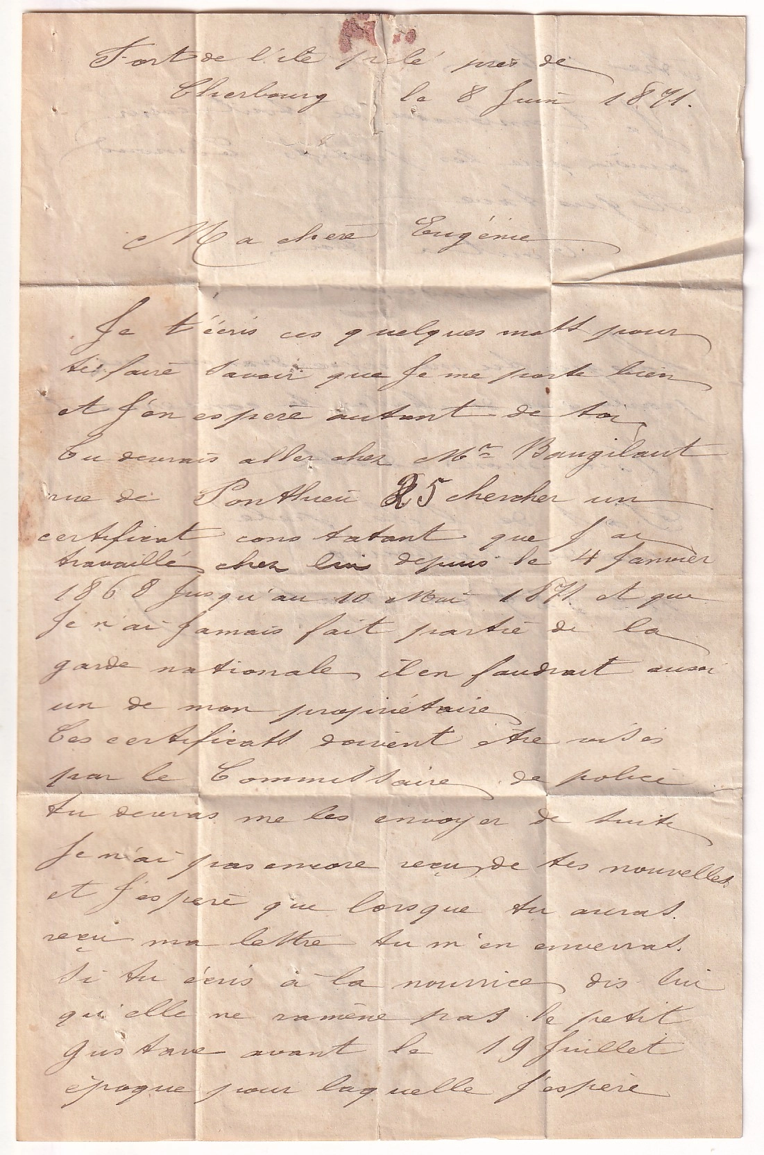 2 LETTRE D'UN DETENU AU FORT DE L'ILE PELEE CHERBOURG MANCHE DU 9 JUIN 1871 POUR PARIS TAXE 30 DT COMMUNE DE PARIS