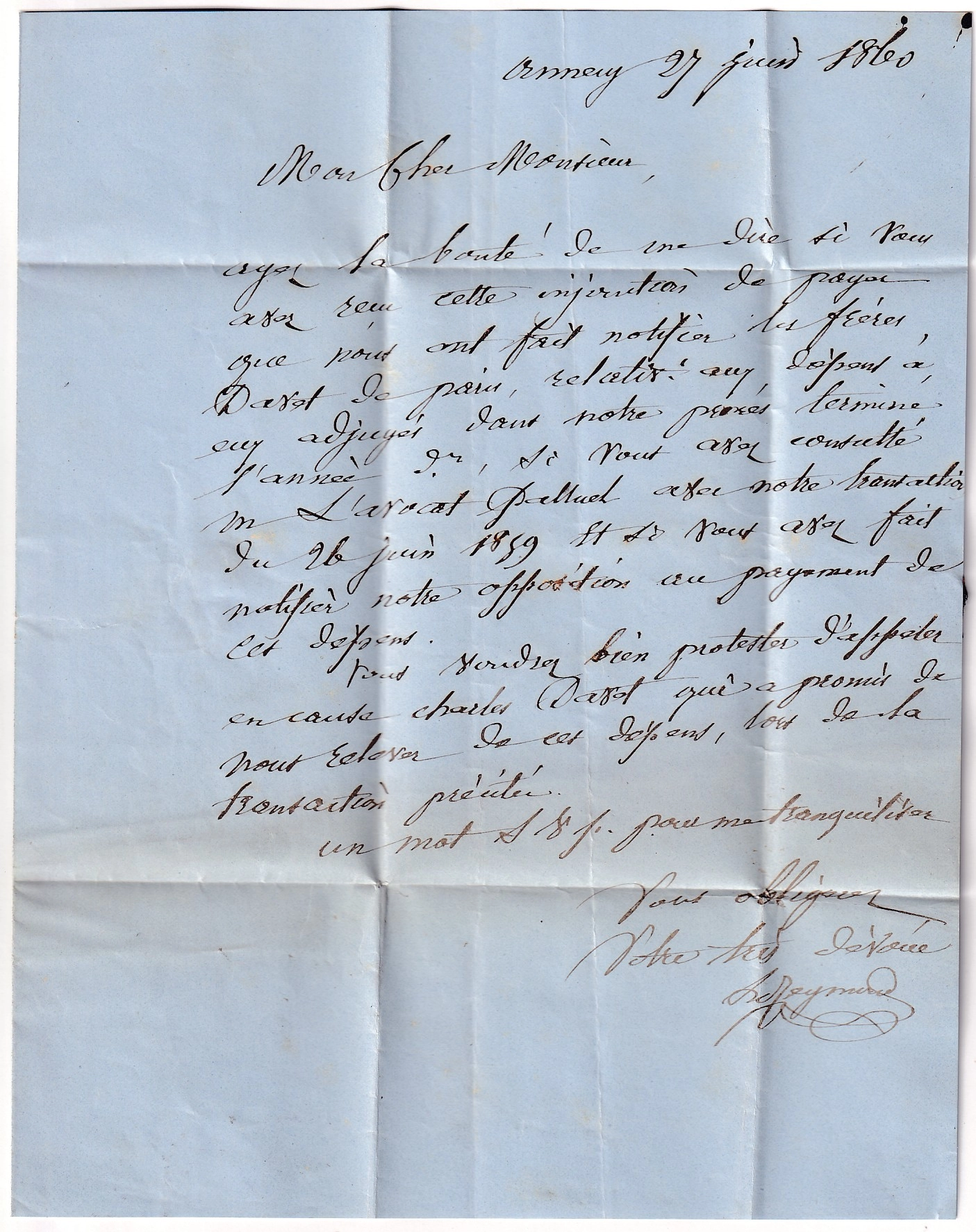 2 N°14 SARDE SUR FRANCE ANNECY 27 JUIN 1860 POUR CHAMBERY SIGNE CALVES