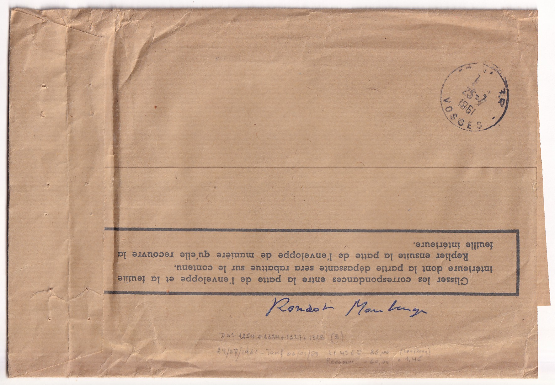 1 N°1230A 1301 1304 1305 1306 ENVELOPPE REEXPEDITION RECOMMANDE MAUBEUGE NORD 1961 POUR CHANTRAINE VOSGES